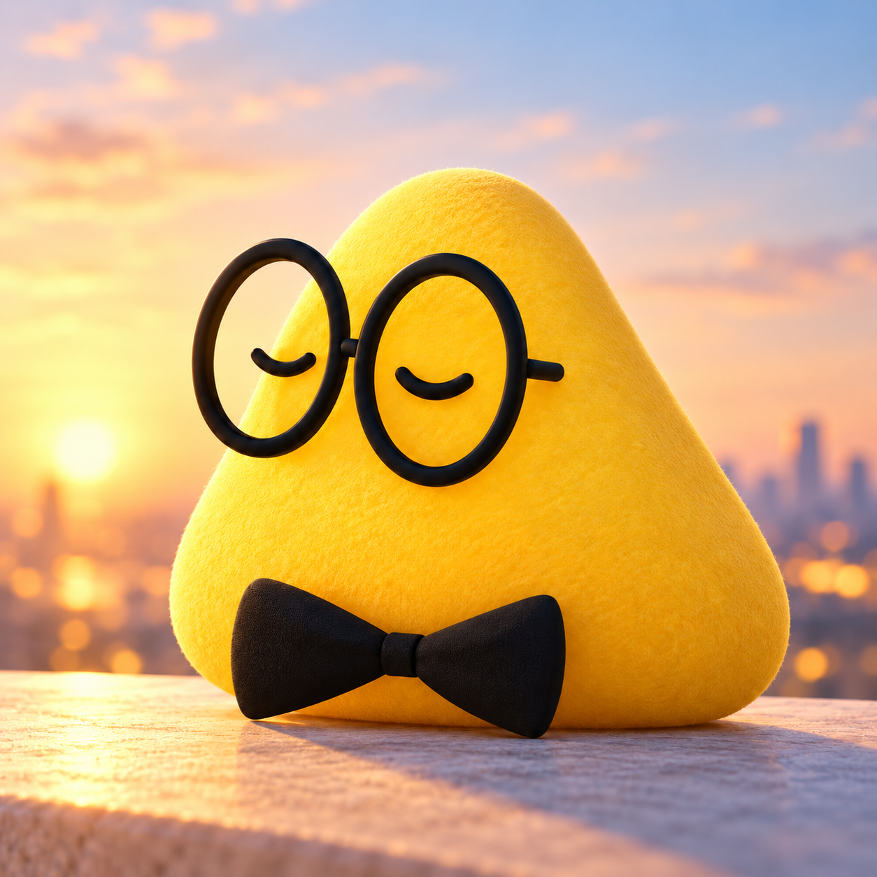 Alfred, the yellow plush dot with round glasses and a black bow tie