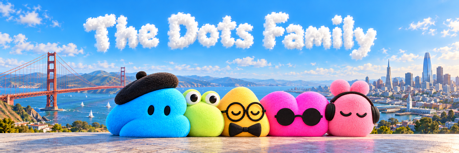 All five Dots above San Francisco Bay, with The Dots Family written in clouds